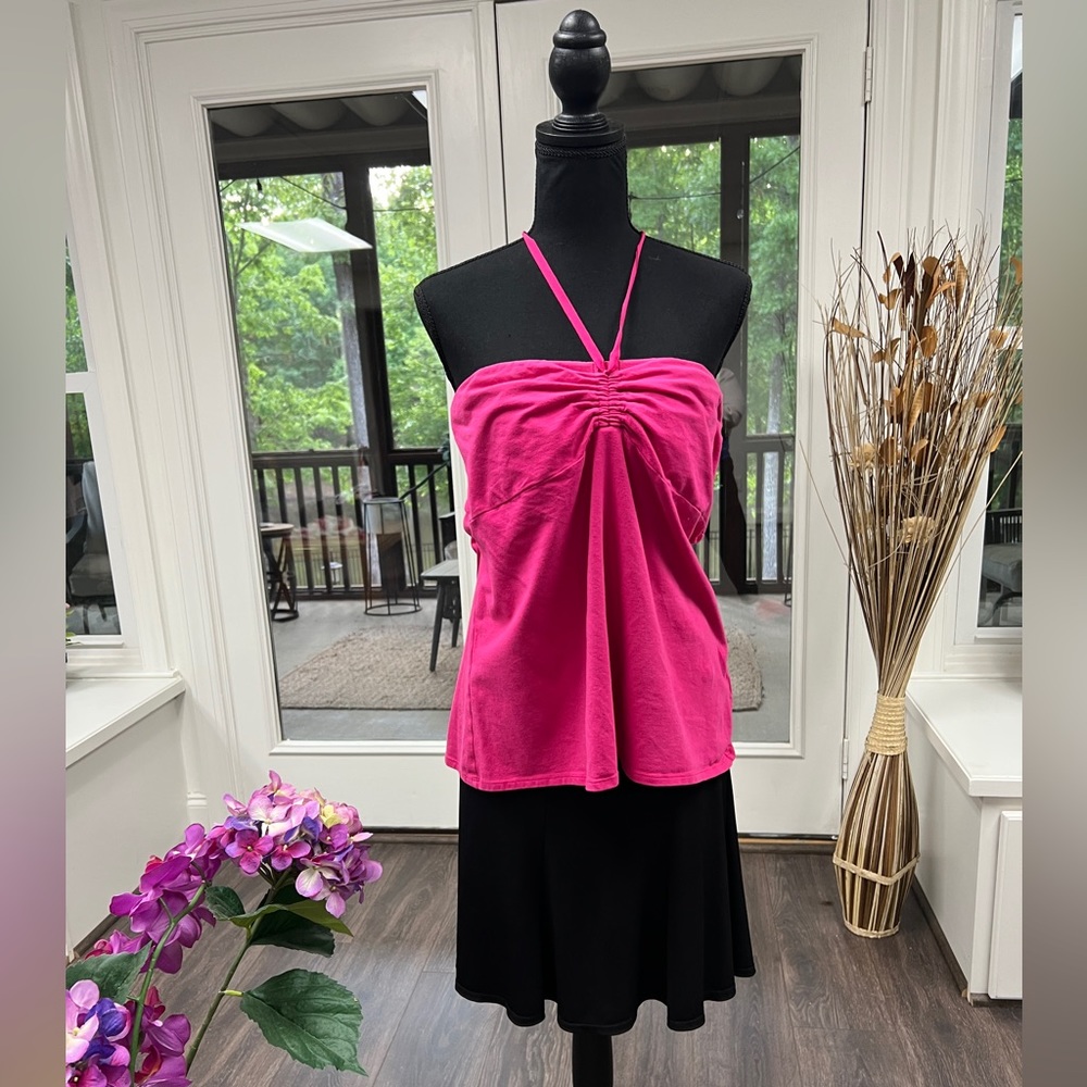 Pink halter top cinched front tie-neck shirt, women’s size XL built in bra